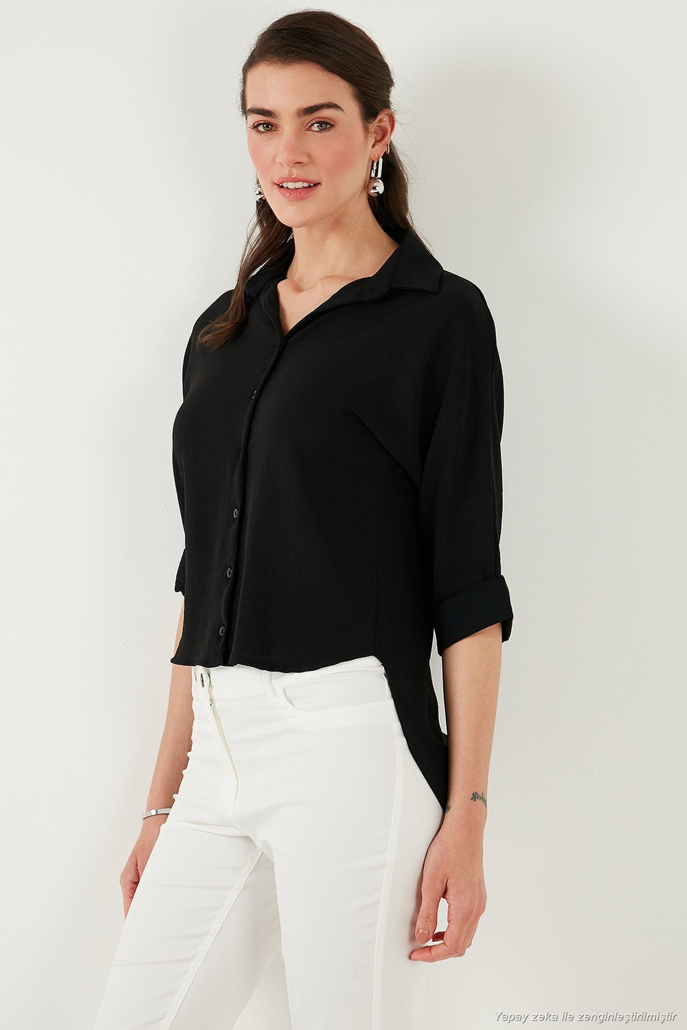 Oversize Fit Önü Kısa Arkası Uzun Truvakar Kol Kadın Gömlek 5866116 SİYAH