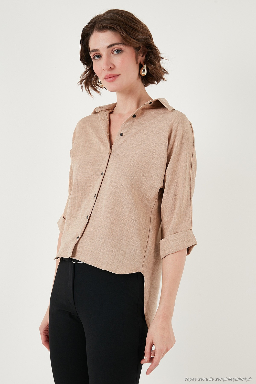Oversize Fit Önü Kısa Arkası Uzun Truvakar Kol Kadın Gömlek 5866116 BEJ