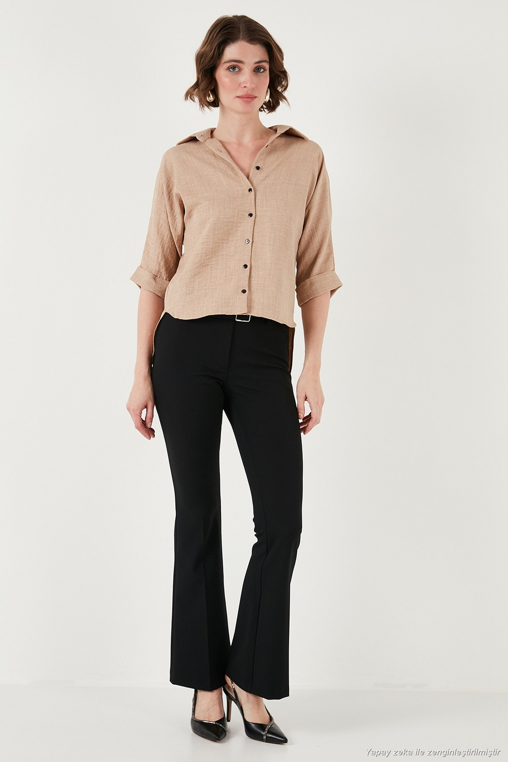 Oversize Fit Önü Kısa Arkası Uzun Truvakar Kol Kadın Gömlek 5866116 BEJ