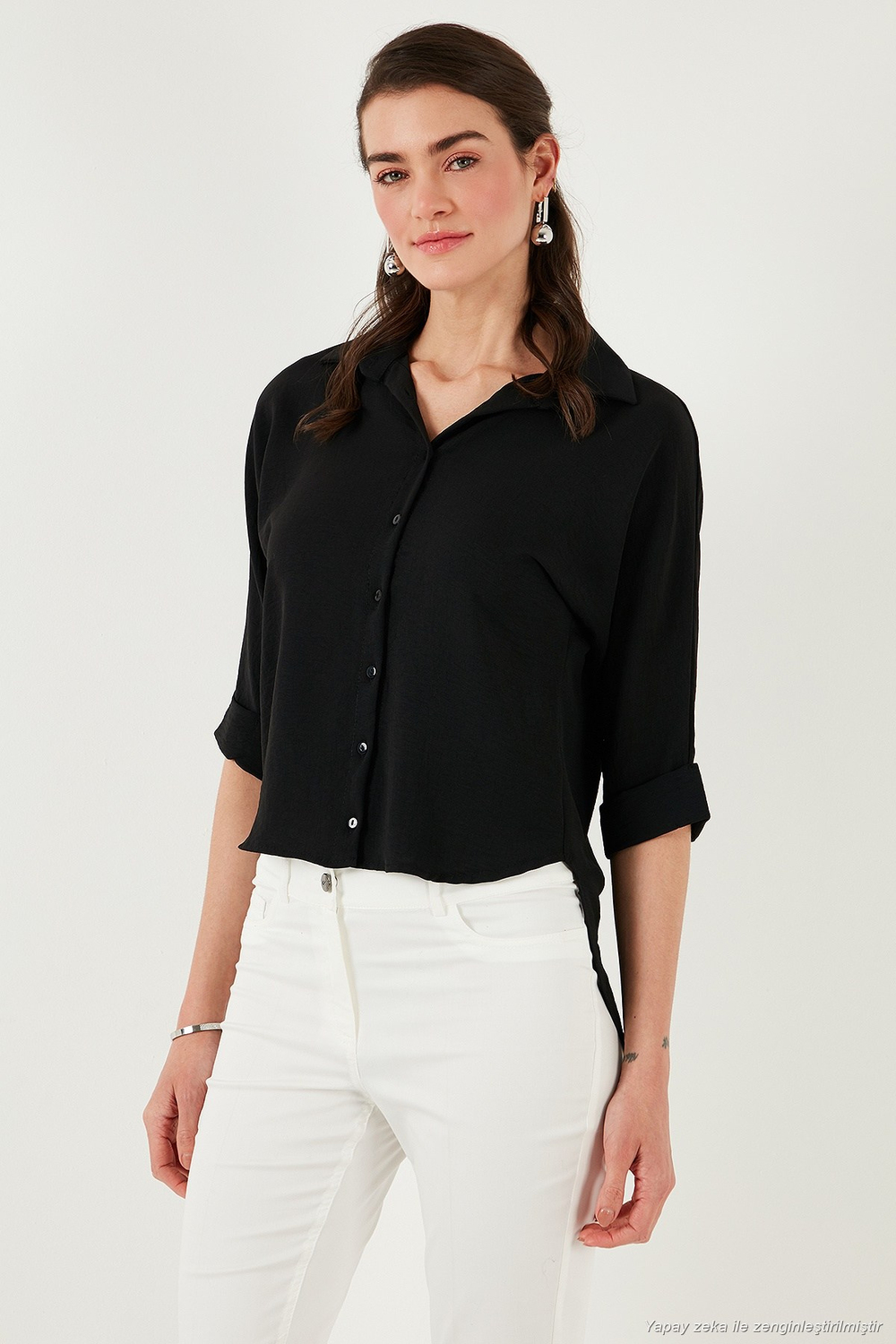 Oversize Fit Önü Kısa Arkası Uzun Truvakar Kol Kadın Gömlek 5866116 SİYAH