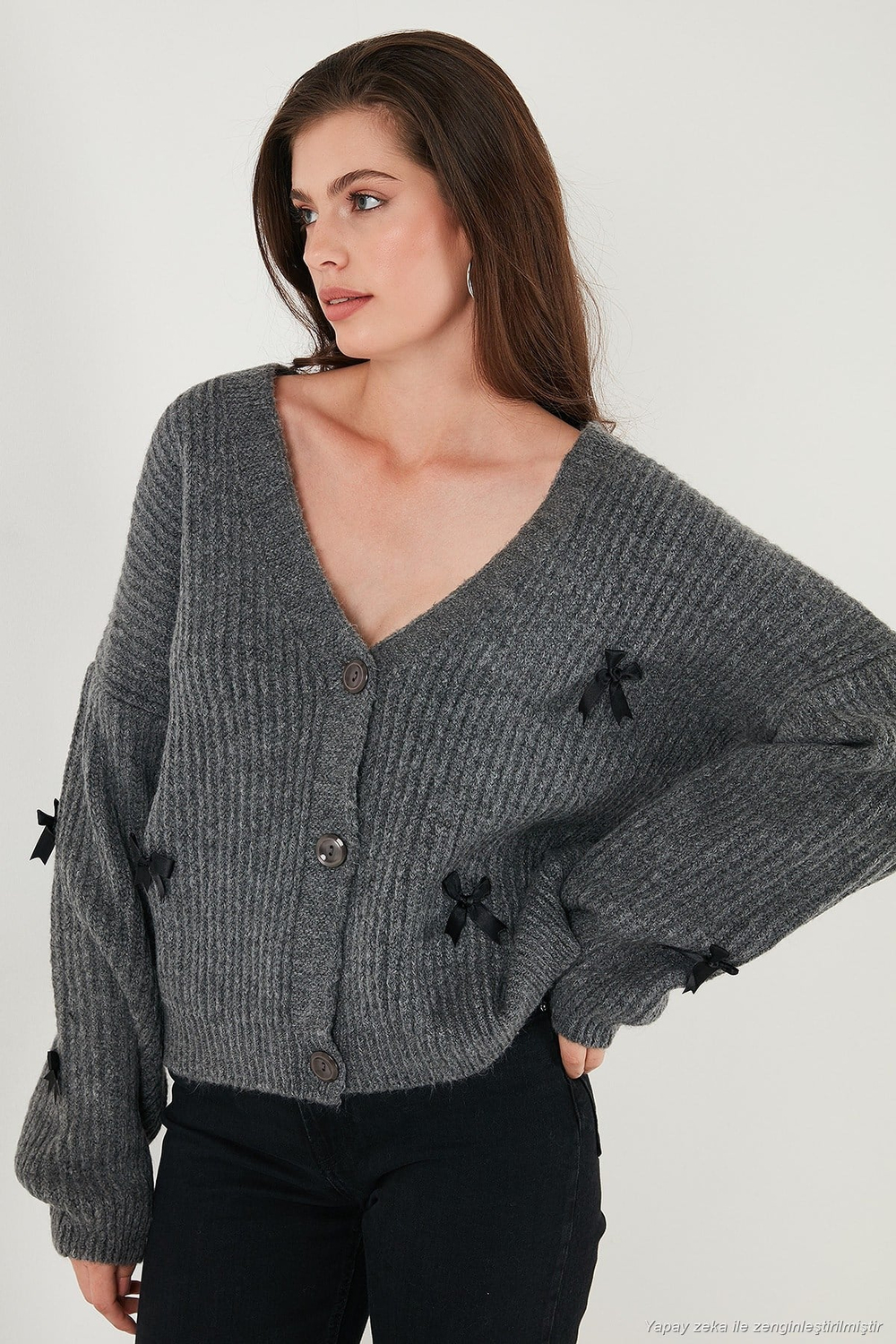 Oversize Fit V Yaka Fiyonk Detaylı Düğmeli Kadın Hırka 4615577 ANTRASİT