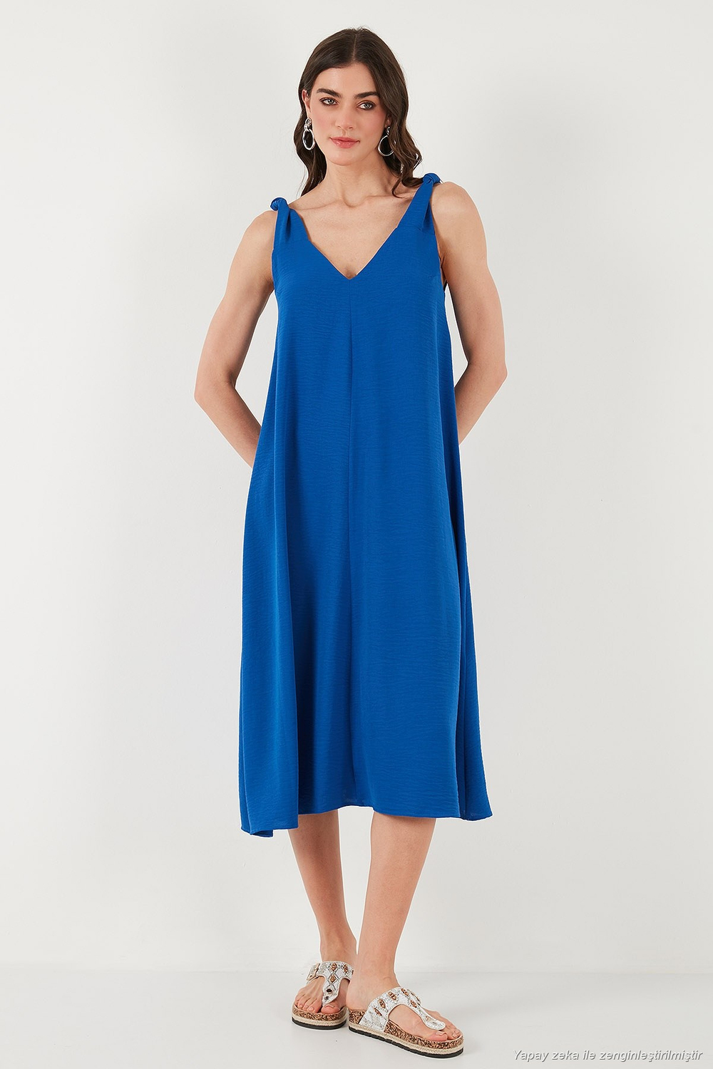 Oversize Fit V Yaka Midi Boy Basic Kadın Elbise 6788688 SAKS