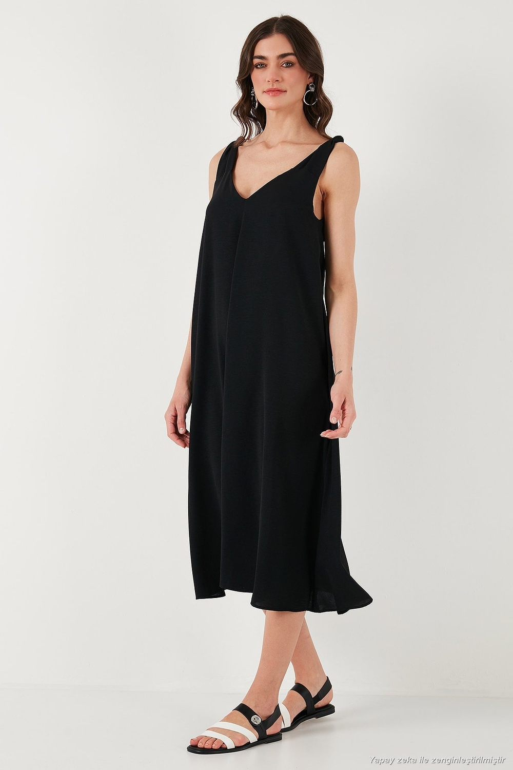 Oversize Fit V Yaka Midi Boy Basic Kadın Elbise 6788688 SİYAH