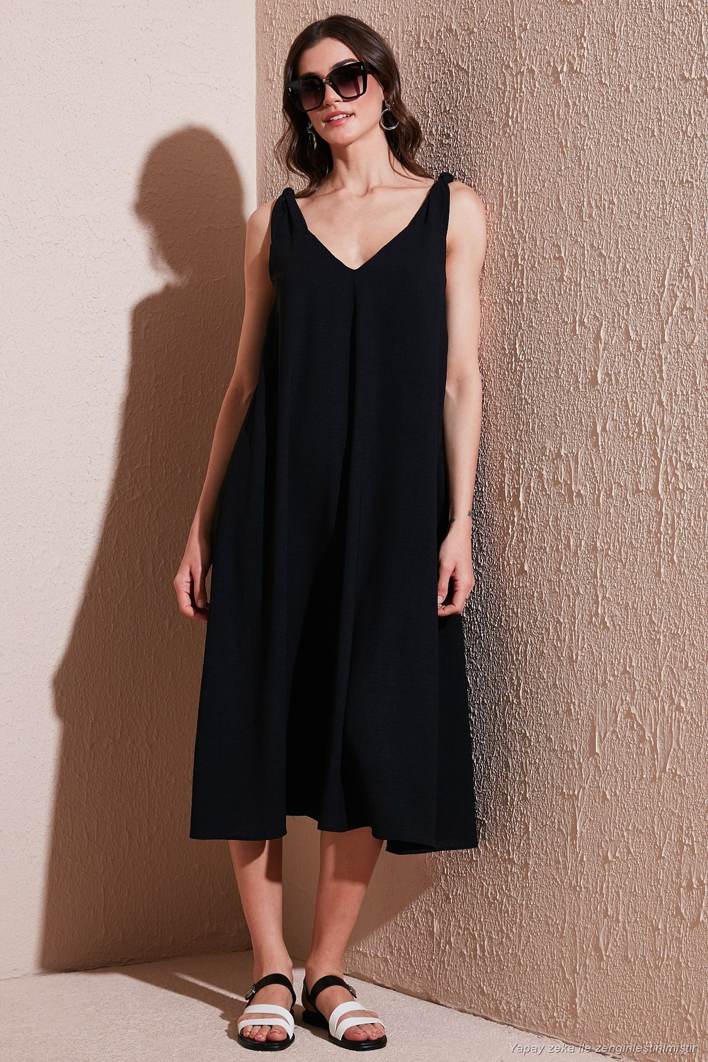 Oversize Fit V Yaka Midi Boy Basic Kadın Elbise 6788688 SİYAH