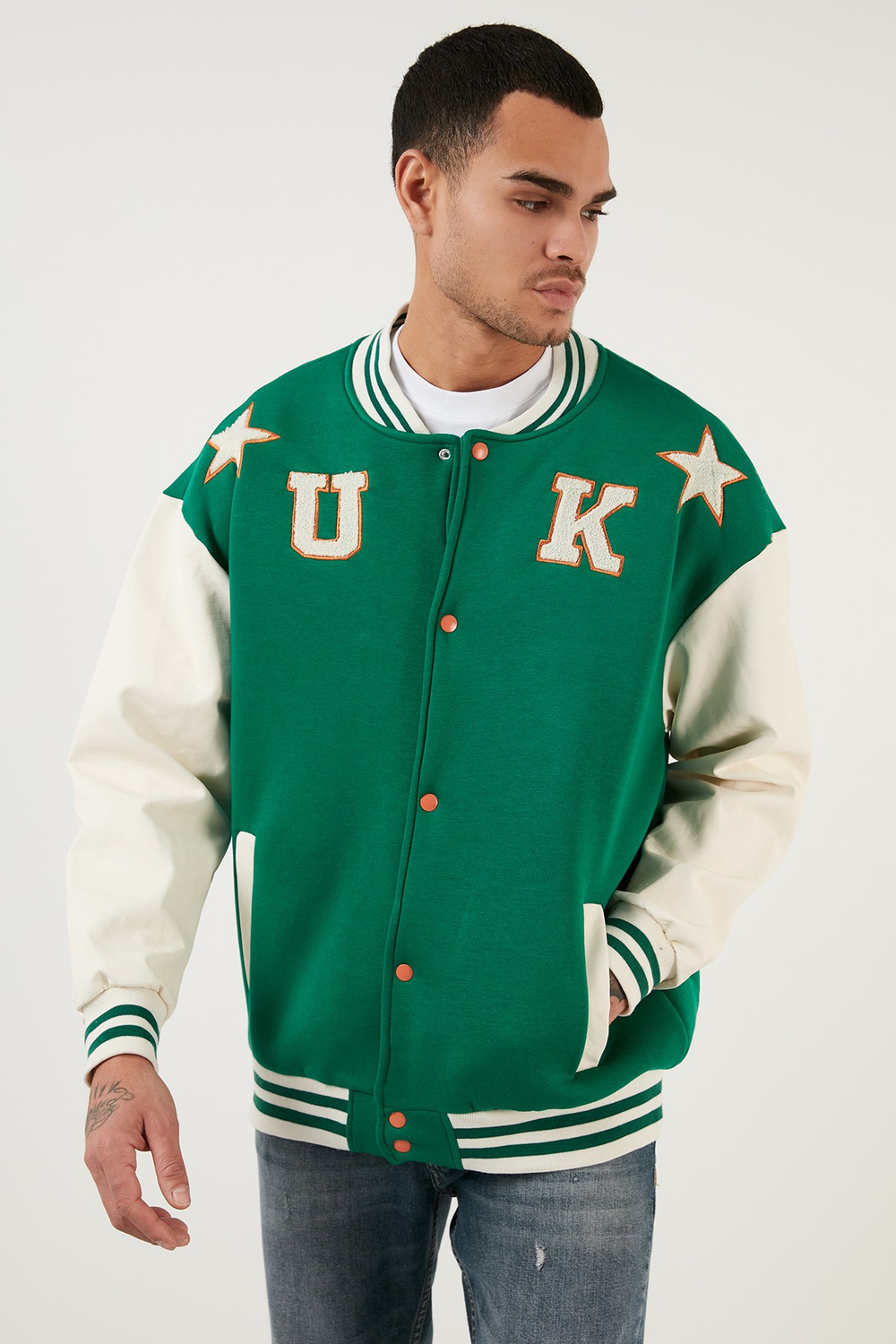 Oversize Kolej Yaka Cepli Bomber Erkek Ceket 628MNH178 KOYU YEŞİL