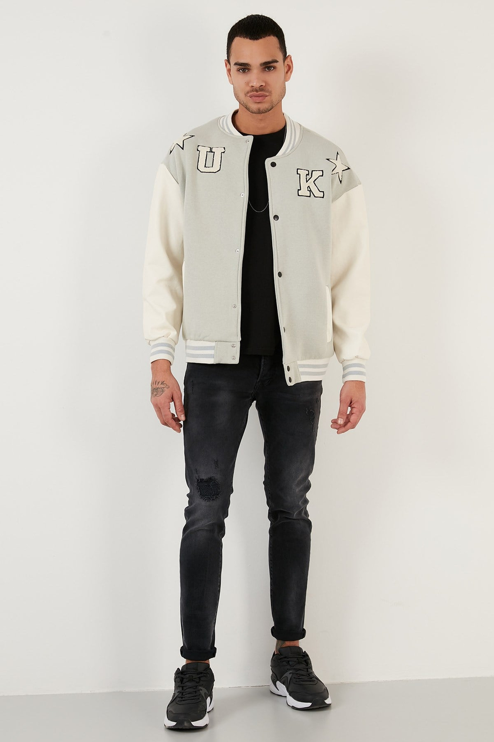 Oversize Kolej Yaka Cepli Bomber Erkek Ceket 628MNH178 GRİ