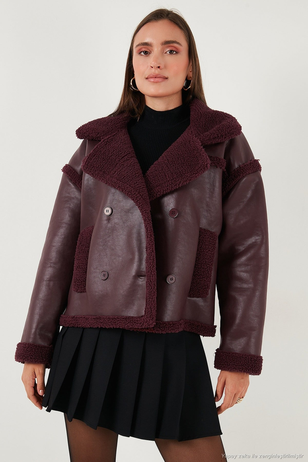 Oversize Kruvaze Yaka Peluş Detaylı Suni Deri Biker Ceket Kadın Mont 6810247 BORDO