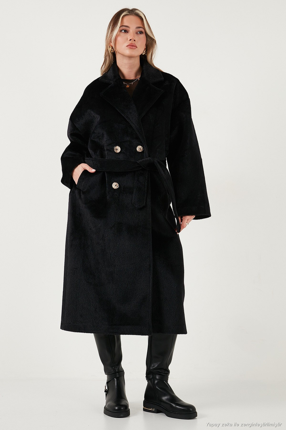 Oversize Kruvaze Yaka Yumuşak Dokulu Uzun Kadın Kaban 6839610 SİYAH
