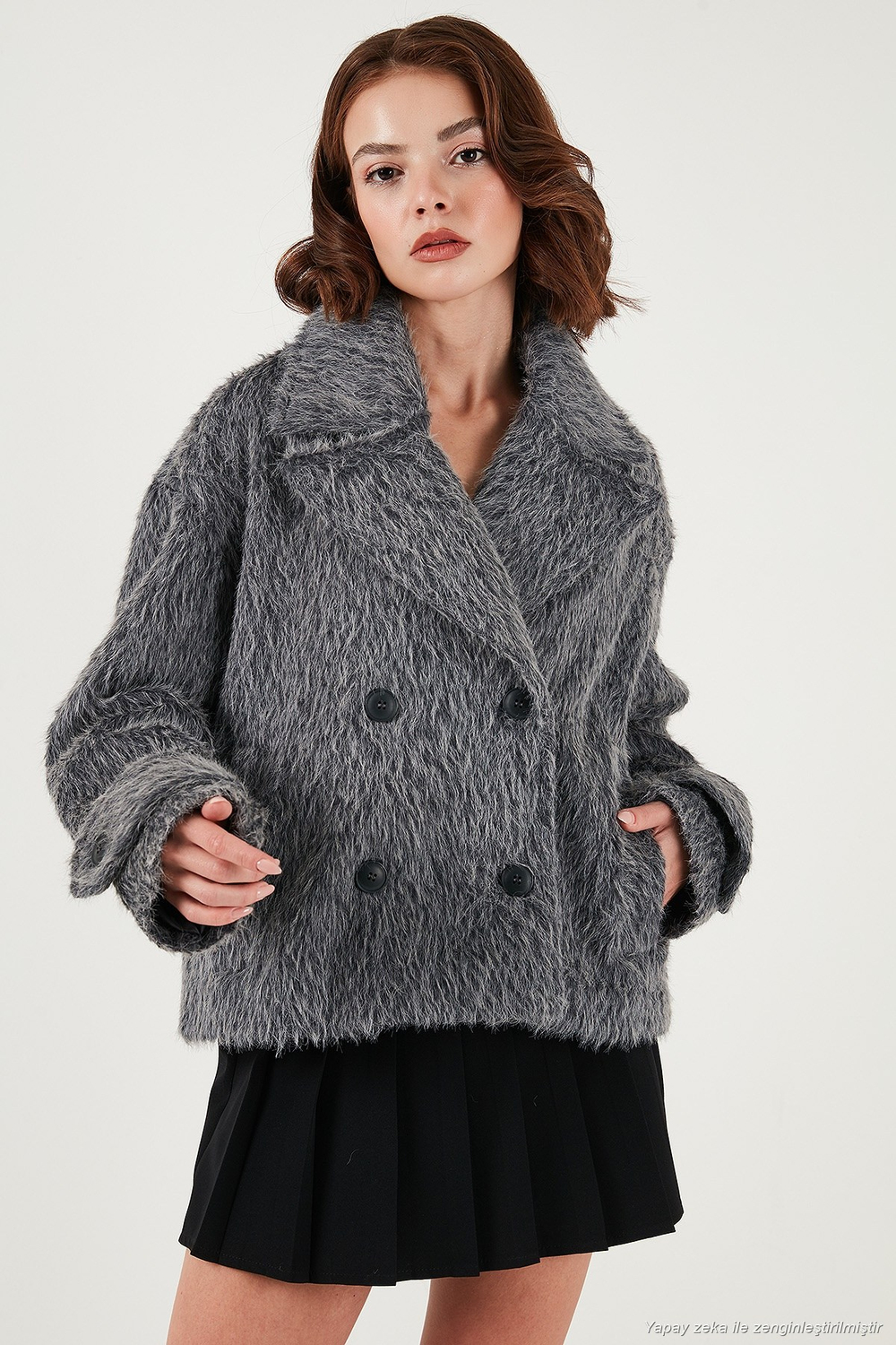 Oversize Kruvaze Yaka Yumuşak Tüylü Düğmeli Astarlı Kadın Mont 6839659 ANTRASİT