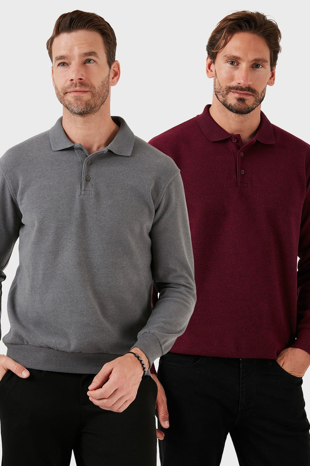 Pamuk Karışımlı Regular Fit 2li Paket Erkek Polo Yaka Kazak 456223S2 Koyu Gri-Mürdüm