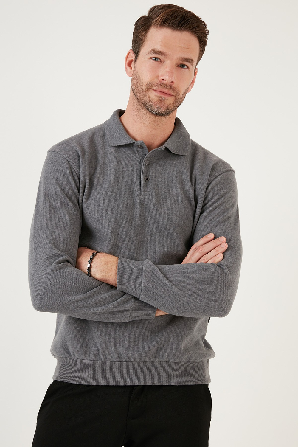 Pamuk Karışımlı Regular Fit Erkek Polo Yaka Kazak 456223 KOYU GRİ