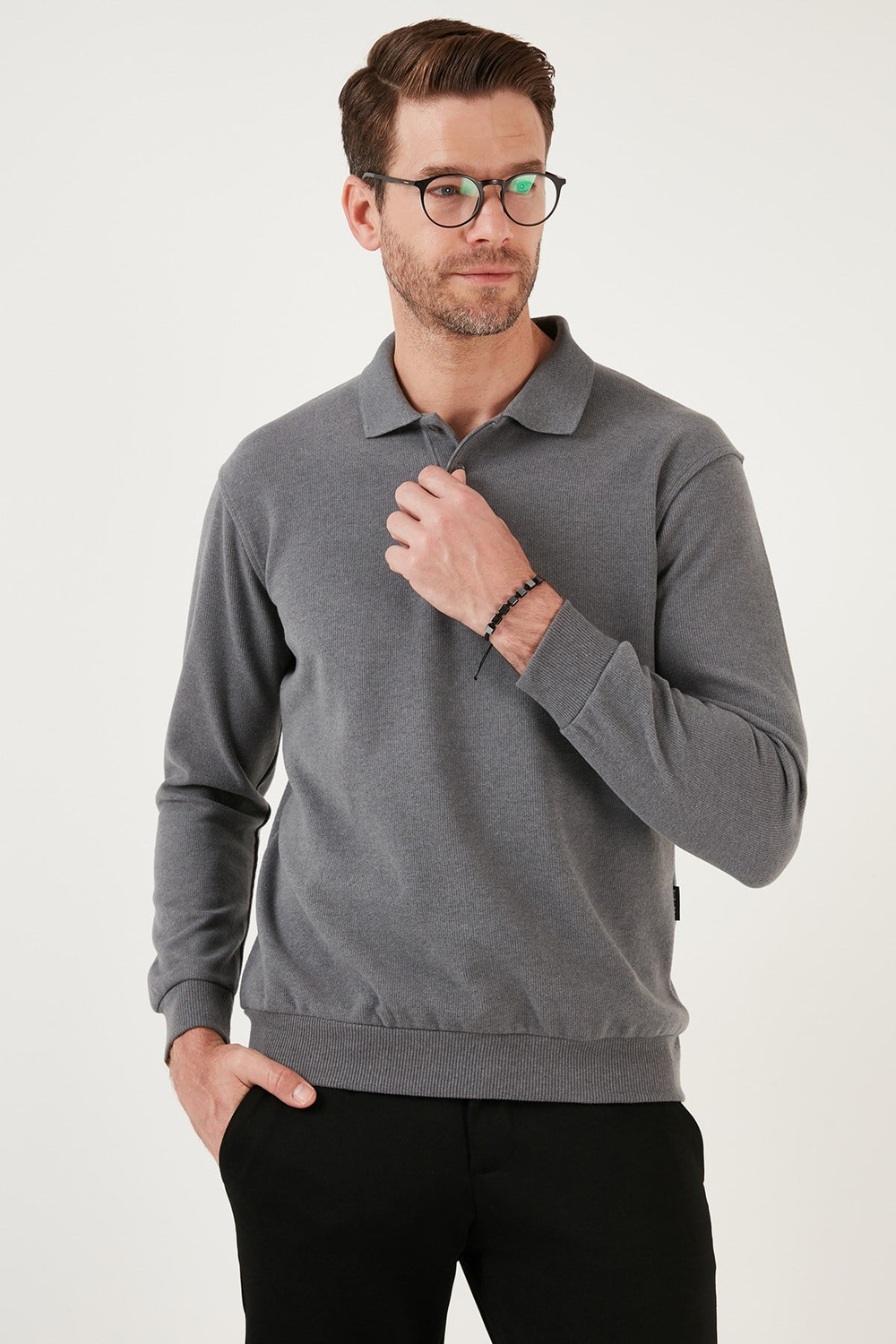 Pamuk Karışımlı Regular Fit Erkek Polo Yaka Kazak 456223 KOYU GRİ
