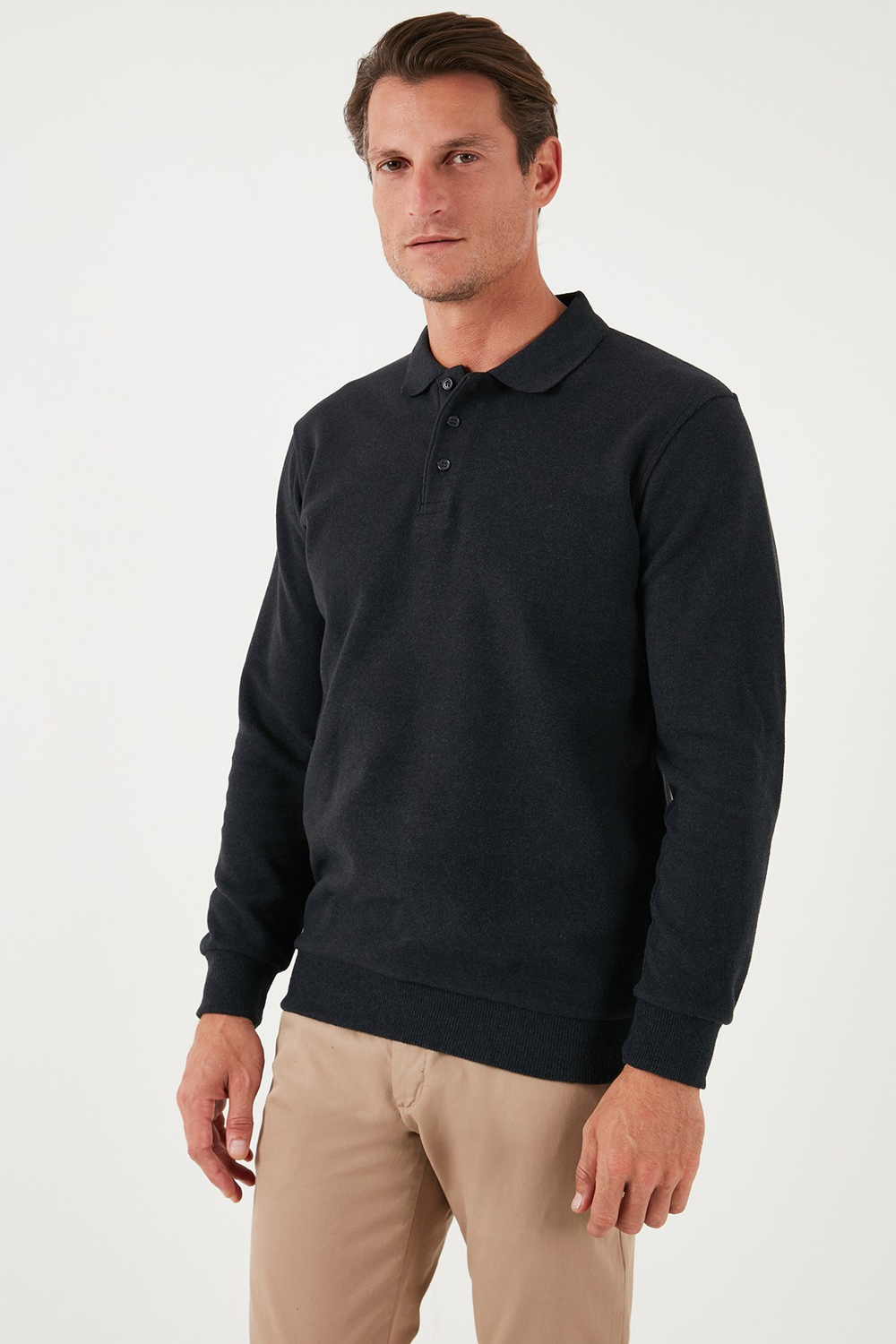 Pamuk Karışımlı Regular Fit Erkek Polo Yaka Kazak 456223 ANTRASİT