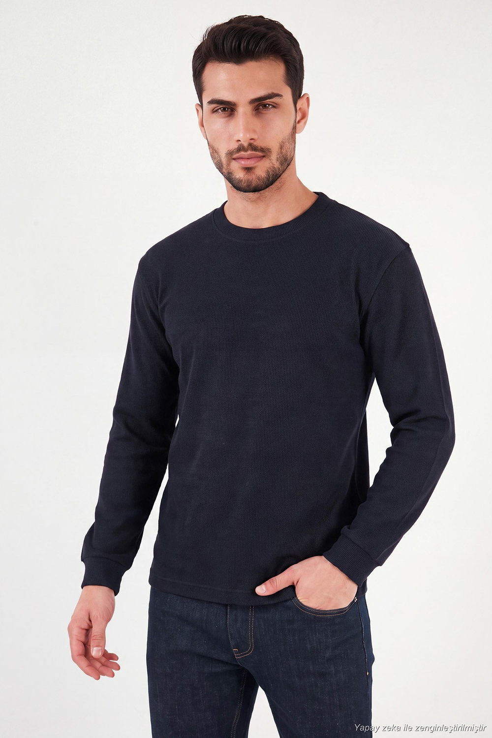Pamuk Karışımlı Relaxed Fit Bisiklet Yaka Erkek Sweat 5905837 LACİVERT