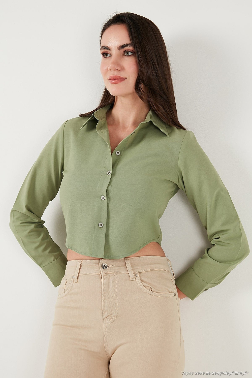 Pamuk Karışımlı Slim Fit Uzun Kollu Crop Kadın Gömlek 6777336 HAKİ