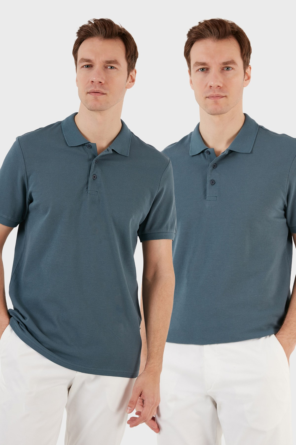 Pamuk Regular Fit Düğmeli 2li Paket Erkek Polo Yaka T Shirt 5902127S2 Petrol-Petrol