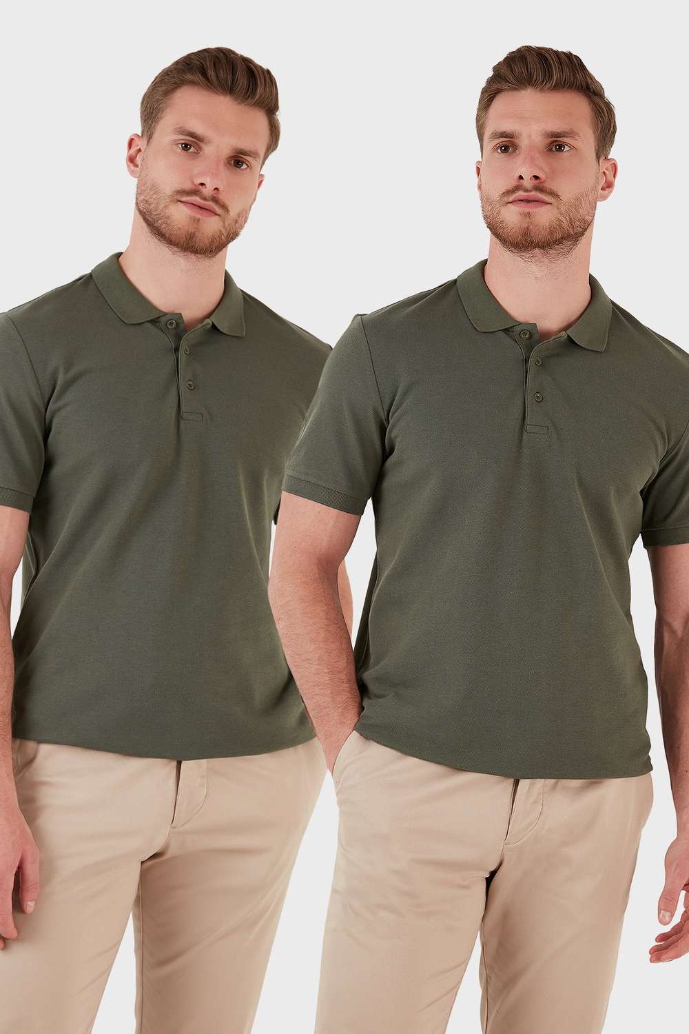 Pamuk Regular Fit Düğmeli 2li Paket Erkek Polo Yaka T Shirt 5902127S2 Haki-Haki