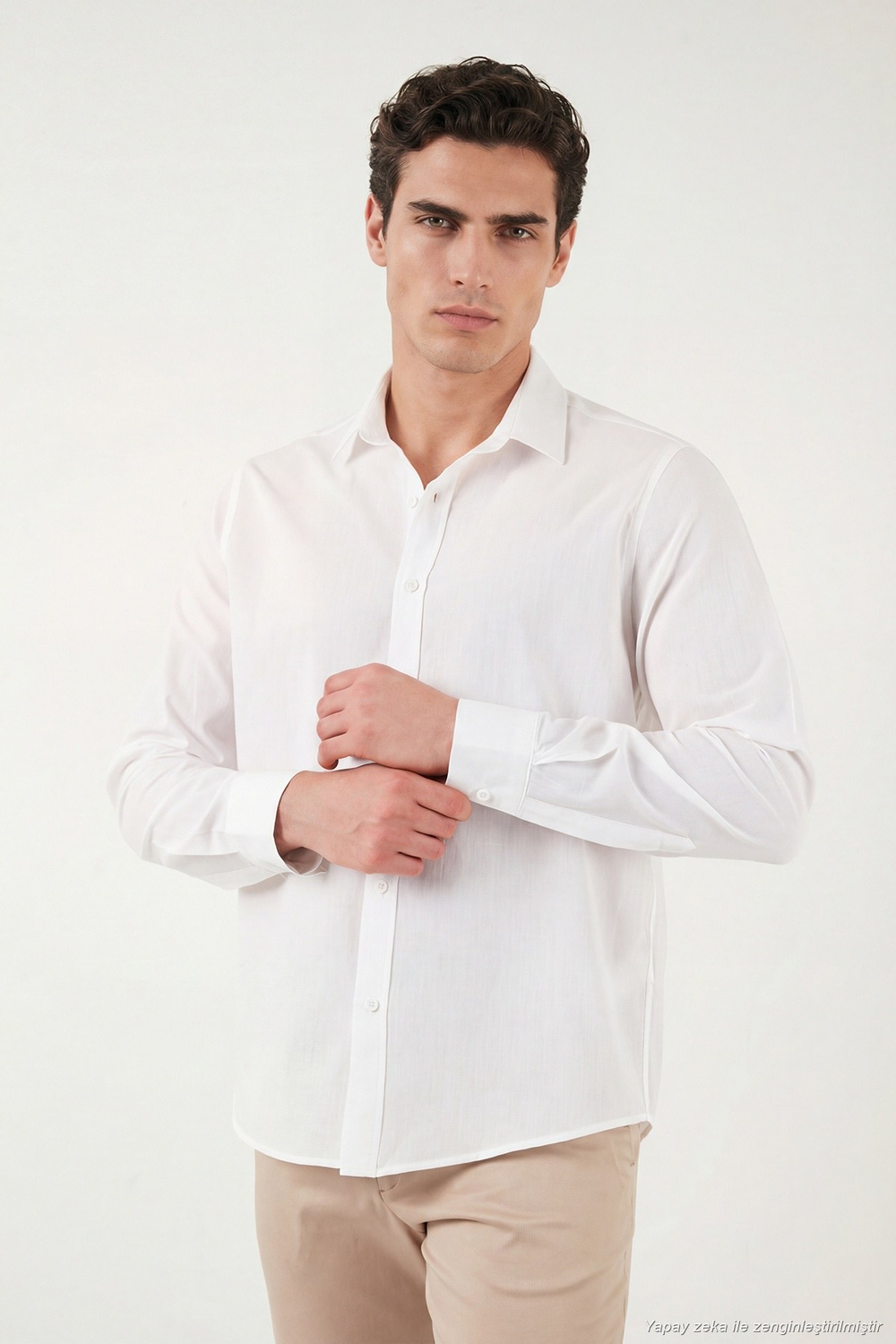 Pamuk ve Keten Karışımlı Regular Fit Klasik Yaka Uzun Kollu Erkek Gömlek CF26S1210134 BEYAZ