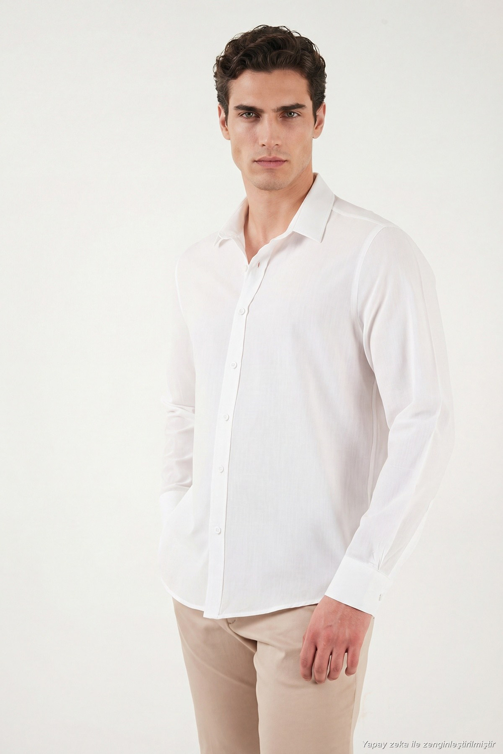 Pamuk ve Keten Karışımlı Regular Fit Klasik Yaka Uzun Kollu Erkek Gömlek CF26S1210134 BEYAZ