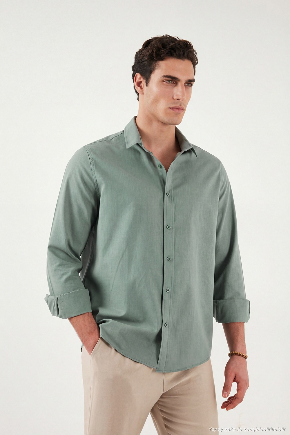Pamuk ve Keten Karışımlı Regular Fit Klasik Yaka Uzun Kollu Erkek Gömlek CF26S1210134 HAKİ