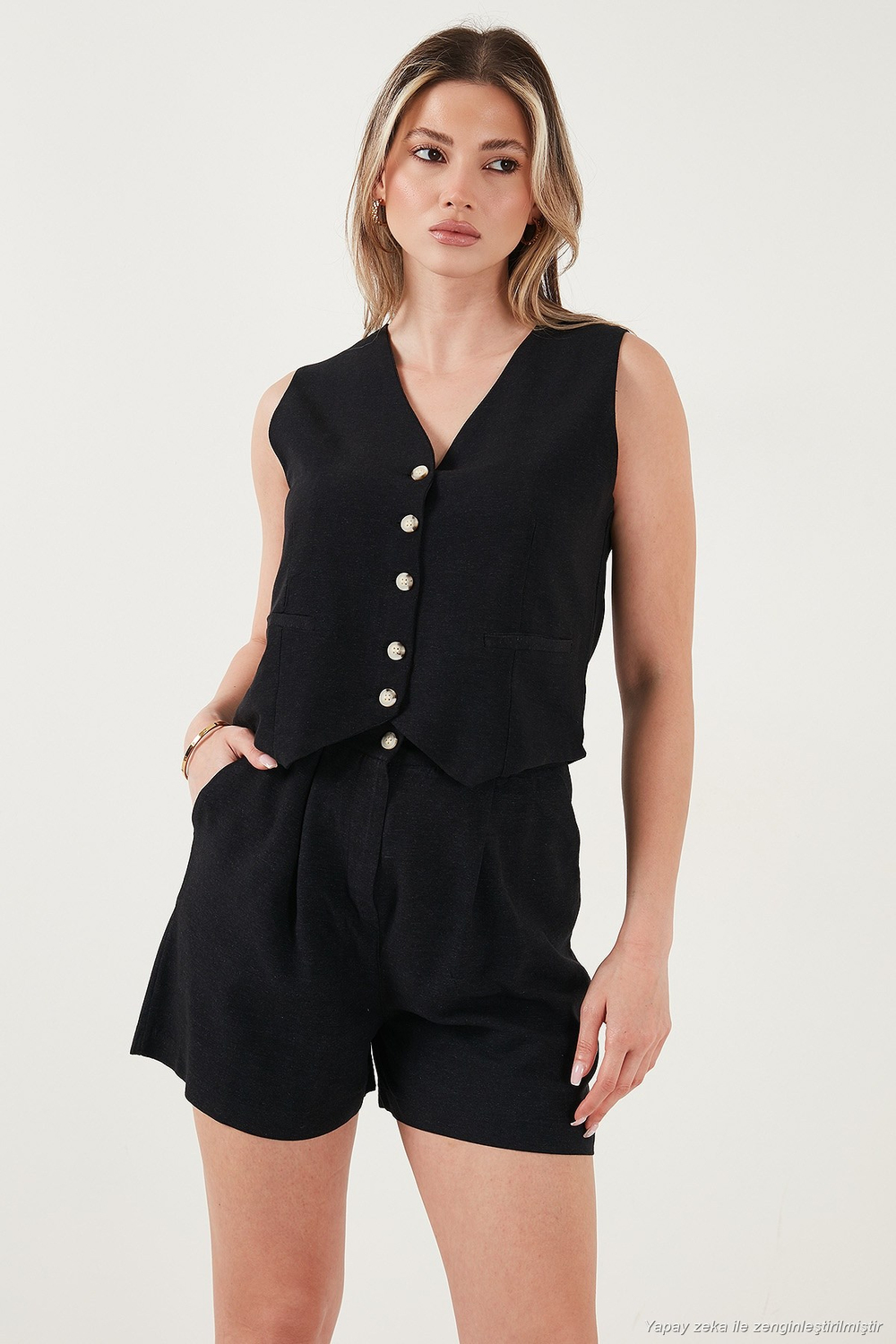 Pamuk ve Keten Karışımlı Slim Fit Yelek Şort Kadın Takım 5866118 SİYAH