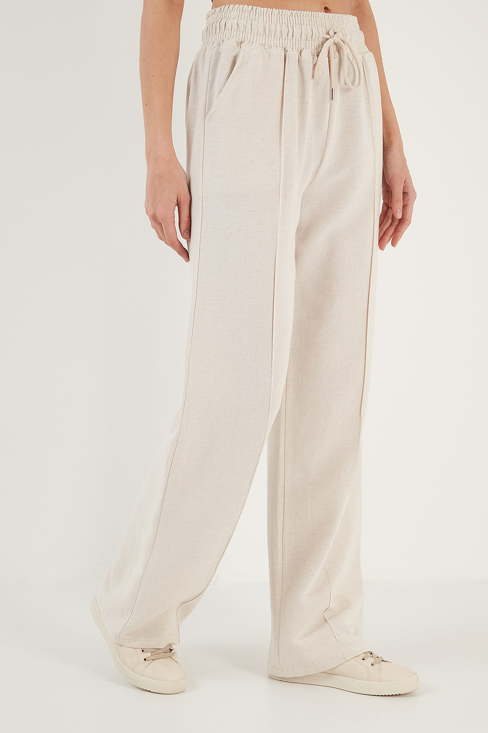 Pamuk ve Keten Karışımlı Yüksek Bel Rahat Kesim Bol Paça Spor Kadın Pantolon 5865022 BEJ