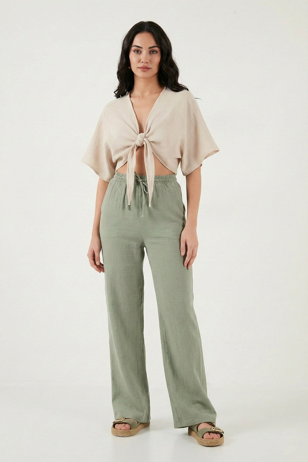 Pamuklu Bağlamalı Relaxed Fit Yüksek Bel Geniş Paça Müslin Kadın Pantolon 5866663 Olive