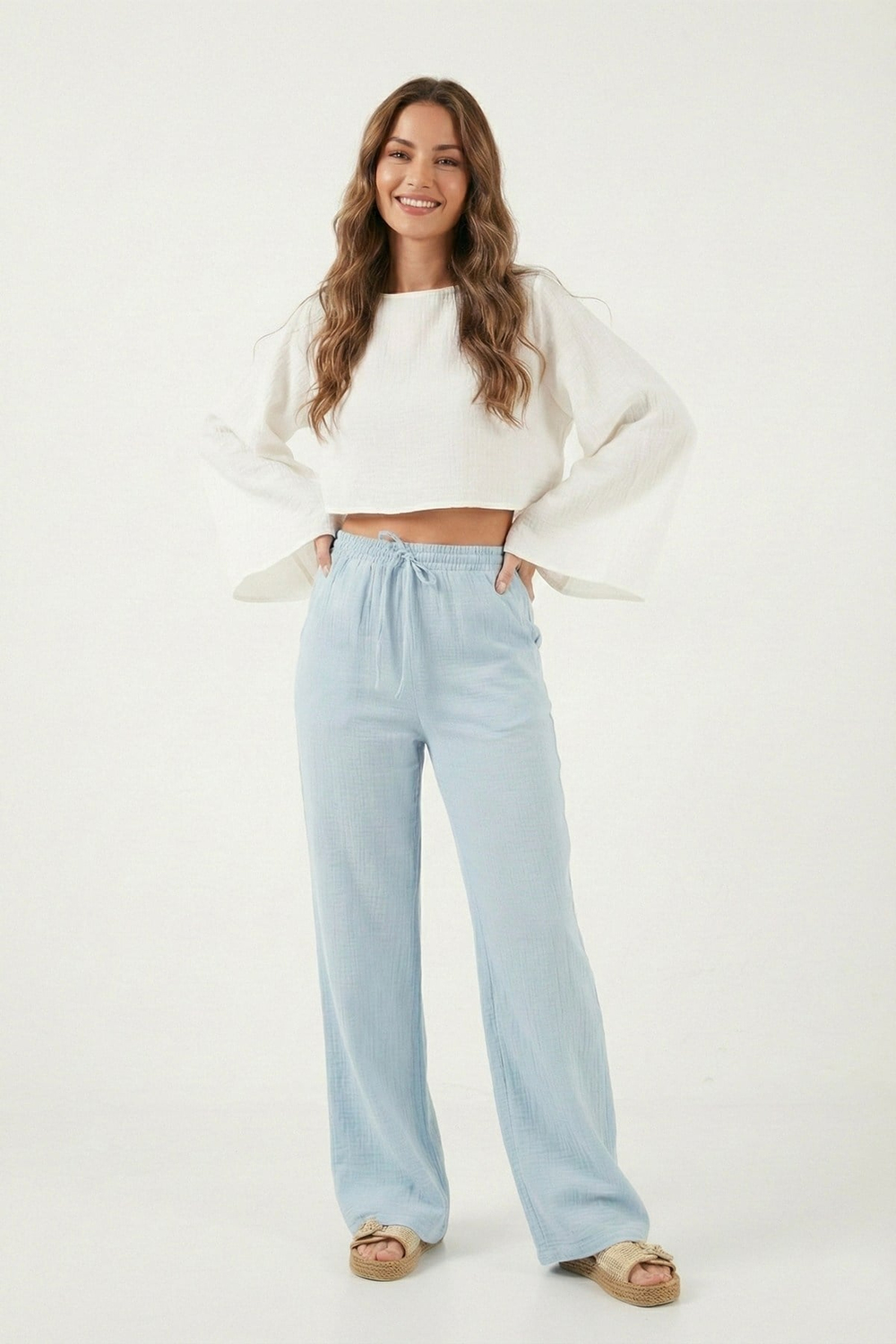 Pamuklu Bağlamalı Relaxed Fit Yüksek Bel Geniş Paça Müslin Kadın Pantolon 5866663 MAVİ