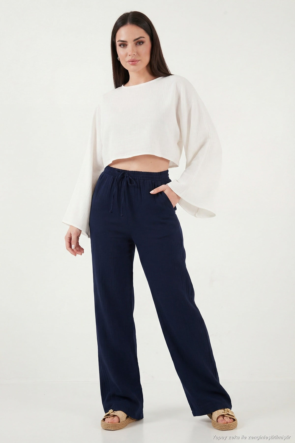 Pamuklu Bağlamalı Relaxed Fit Yüksek Bel Geniş Paça Müslin Kadın Pantolon 5866663 LACİVERT