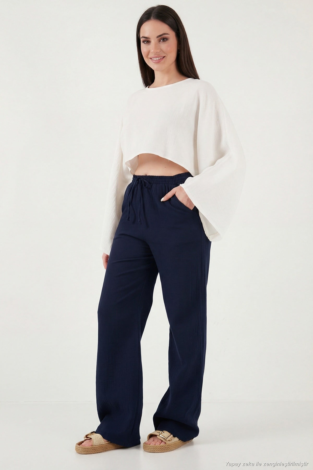Pamuklu Bağlamalı Relaxed Fit Yüksek Bel Geniş Paça Müslin Kadın Pantolon 5866663 LACİVERT