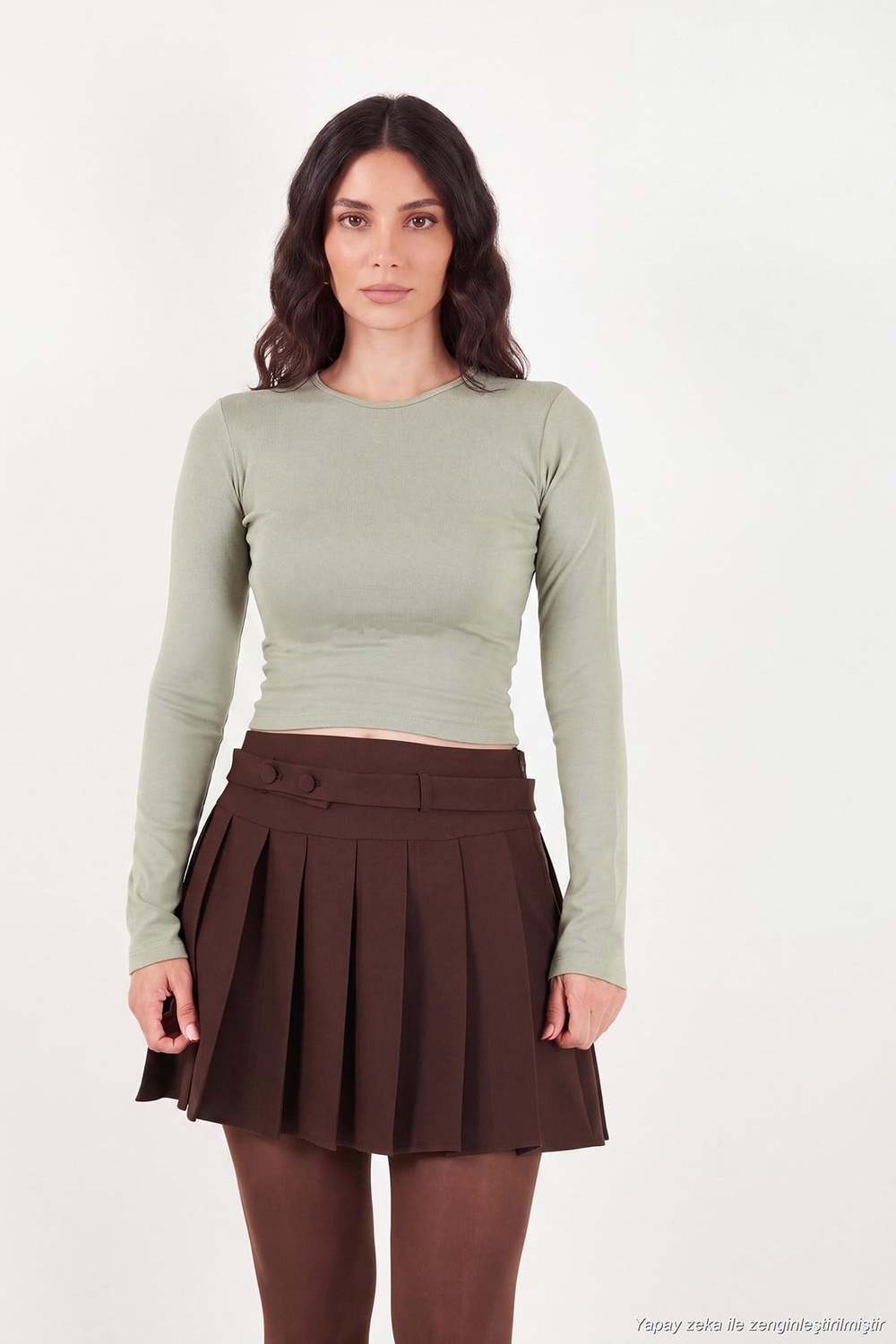 Pamuklu Bisiklet Yaka Crop Kadın Bluz 5867060 Olive