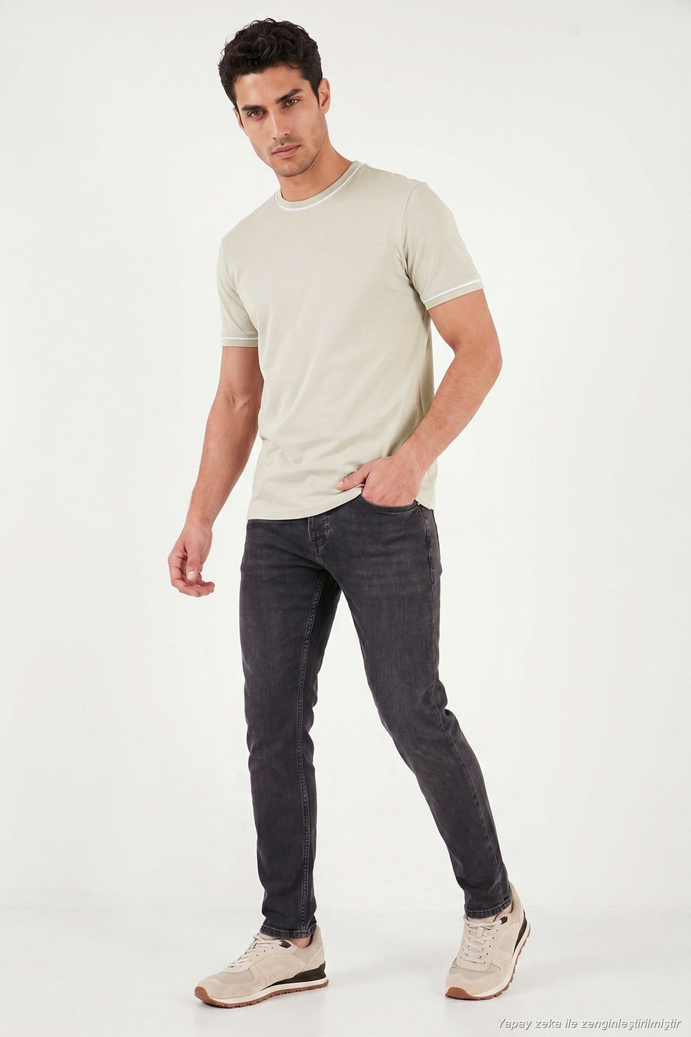 Pamuklu Bisiklet Yaka Kontrast Şeritli Erkek T Shirt 5904034 TAŞ