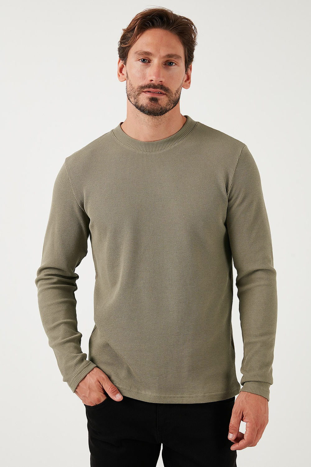 Pamuklu Bisiklet Yaka Normal Kalıp Basic Erkek Sweat 5905073 Vizon Yeşili