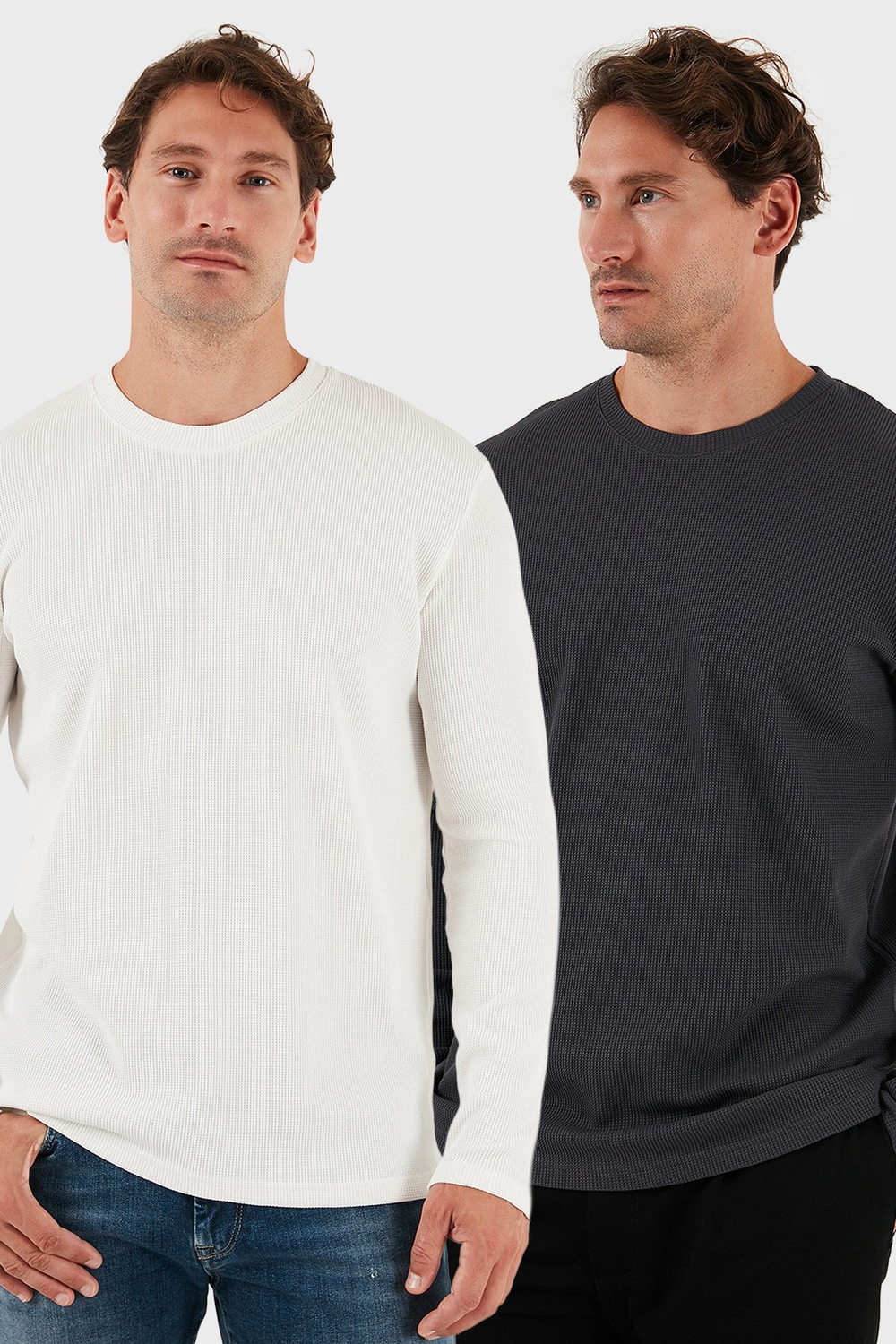 Pamuklu Bisiklet Yaka Normal Kalıp Basic 2li Paket Erkek Sweat 5905073S2 Antrasit-Ekru