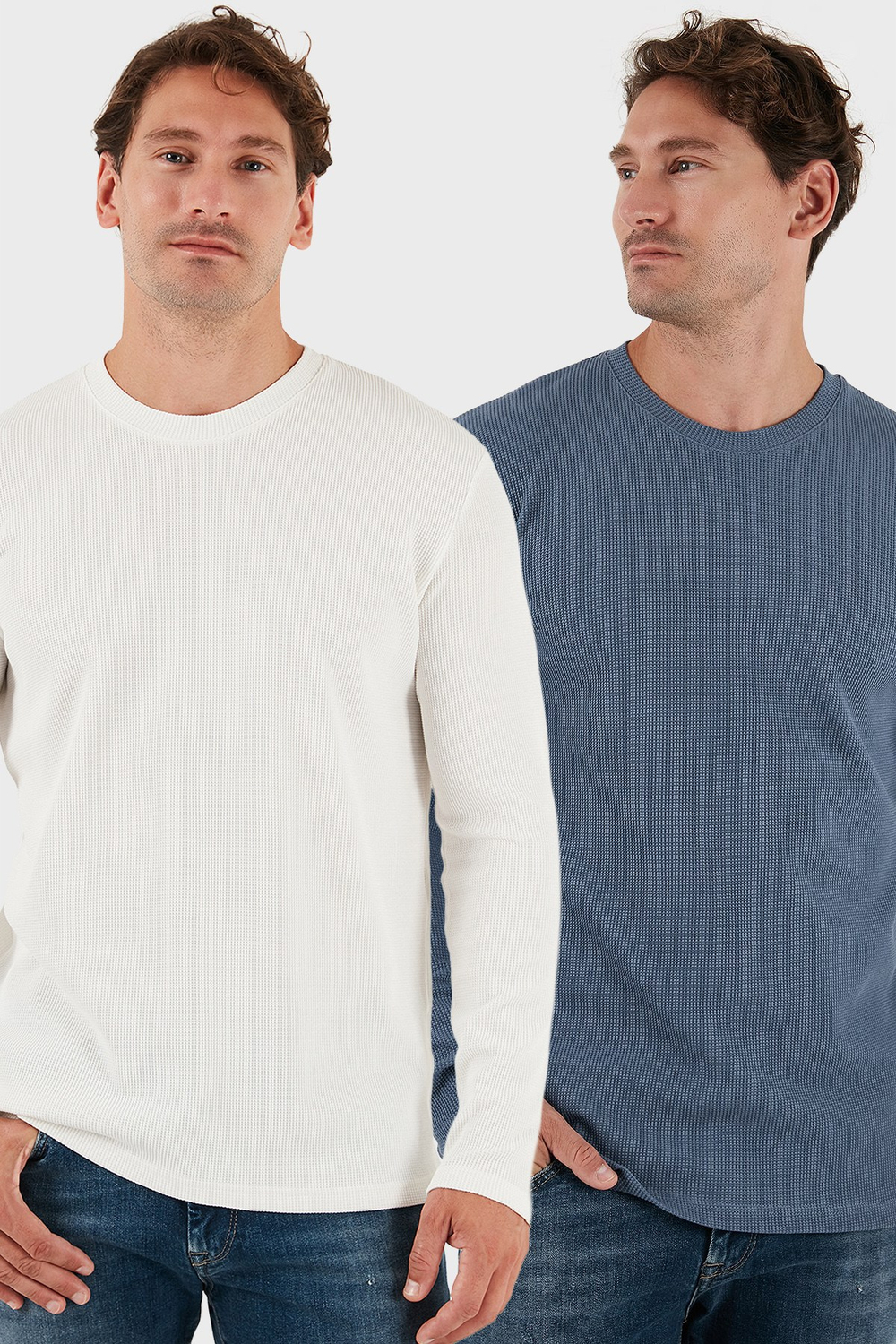 Pamuklu Bisiklet Yaka Normal Kalıp Basic 2li Paket Erkek Sweat 5905073S2 Ekru-Koyu Gri