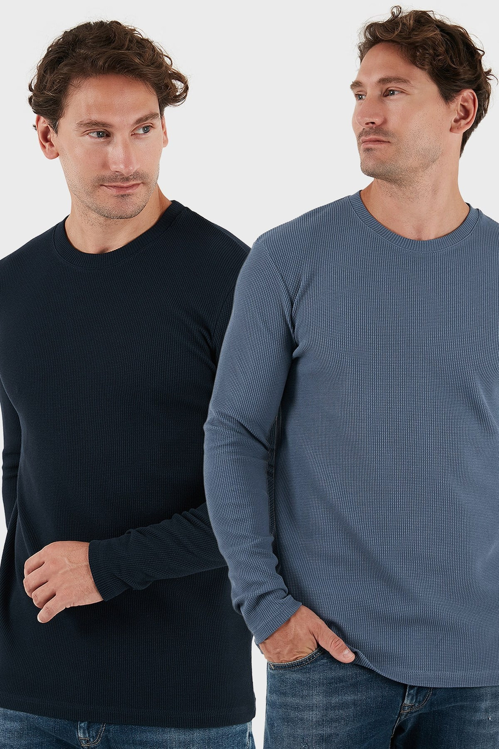 Pamuklu Bisiklet Yaka Normal Kalıp Basic 2li Paket Erkek Sweat 5905073S2 KOYU GRİ-LACİVERT