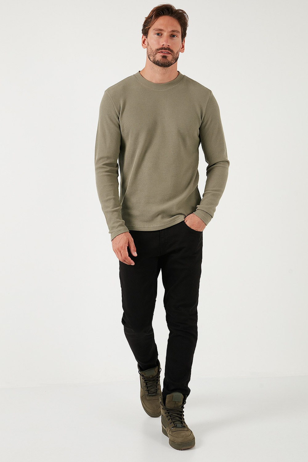 Pamuklu Bisiklet Yaka Normal Kalıp Basic Erkek Sweat 5905073 Vizon Yeşili