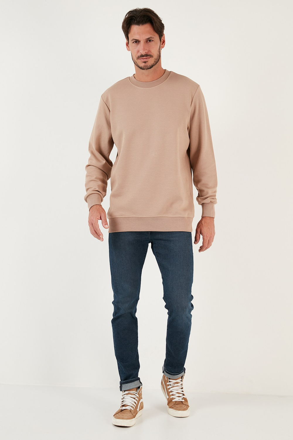 Pamuklu Bisiklet Yaka Regular Fit Basic Erkek Sweat 5905521 VİZON