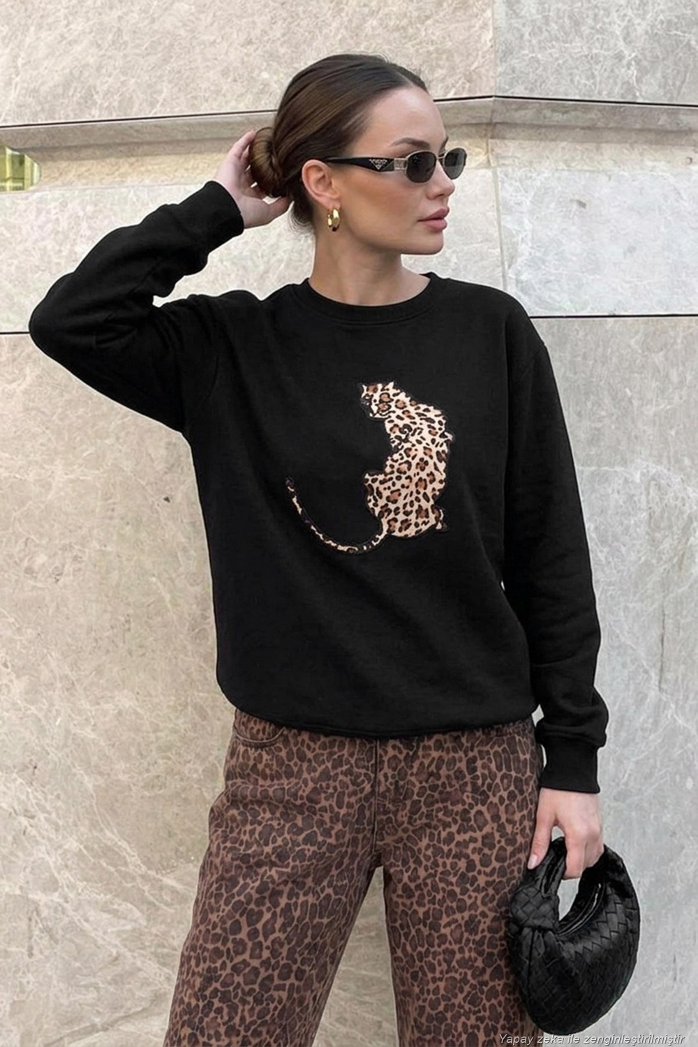 Pamuklu Bisiklet Yaka Şardonlu Kadın Sweat 5867116 SİYAH
