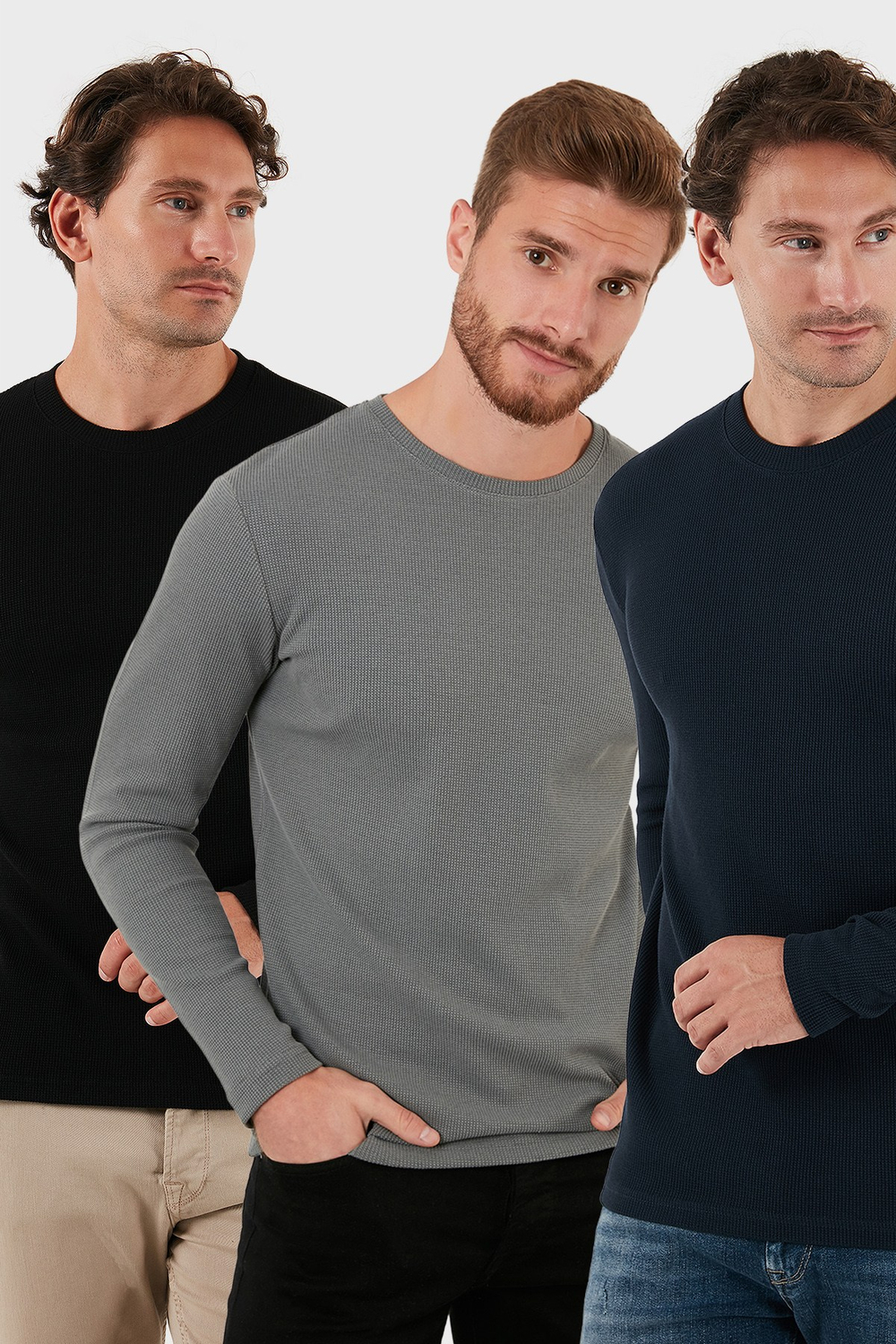 Pamuklu Bisklet Yaka Normal Kalıp Basic 3lü Paket Erkek Sweat 5905073S3 Açık Haki-Lacivert-Siyah