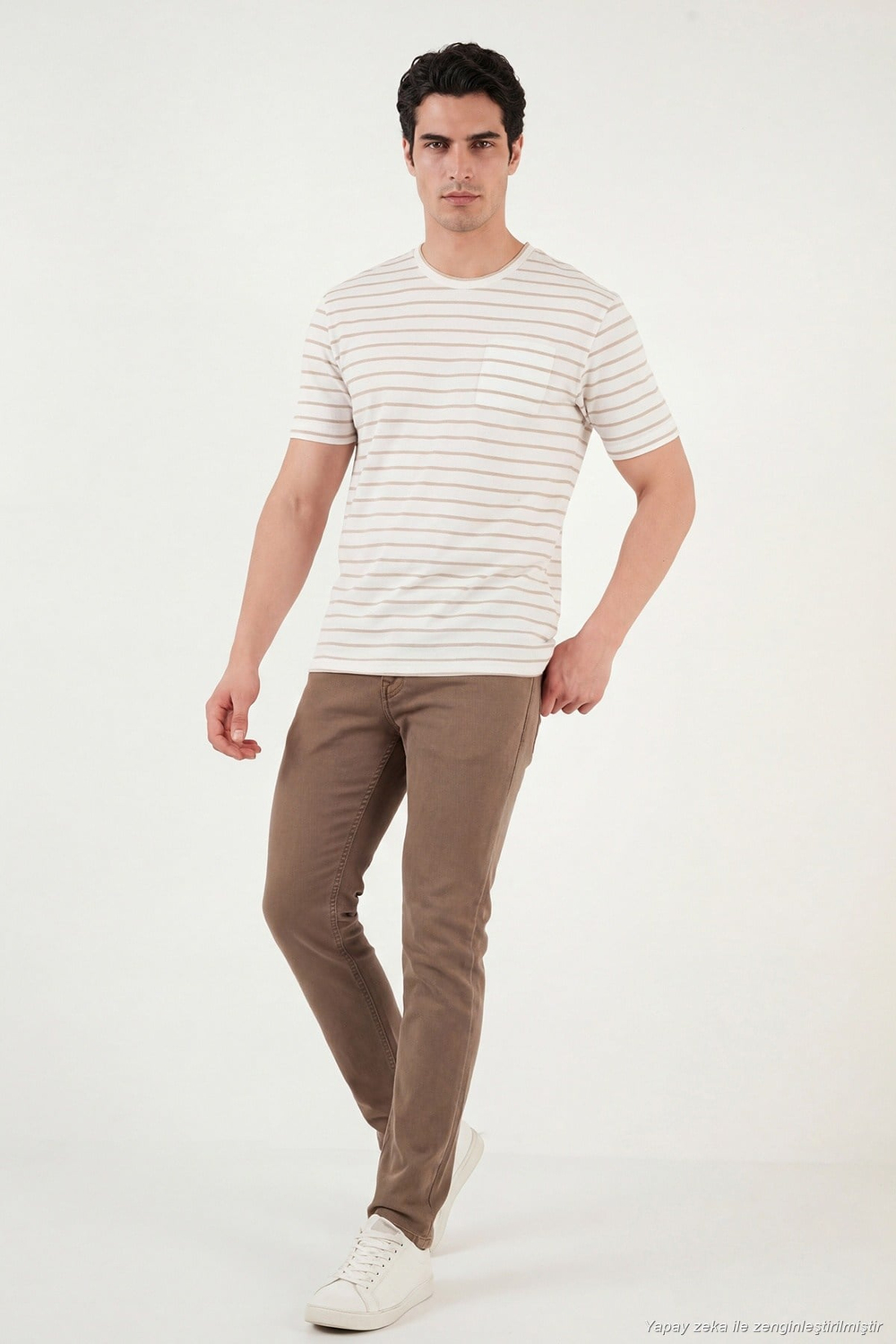 Pamuklu Çizgili Cep Detaylı Bisiklet Yaka Erkek T Shirt 5904057 VİZON