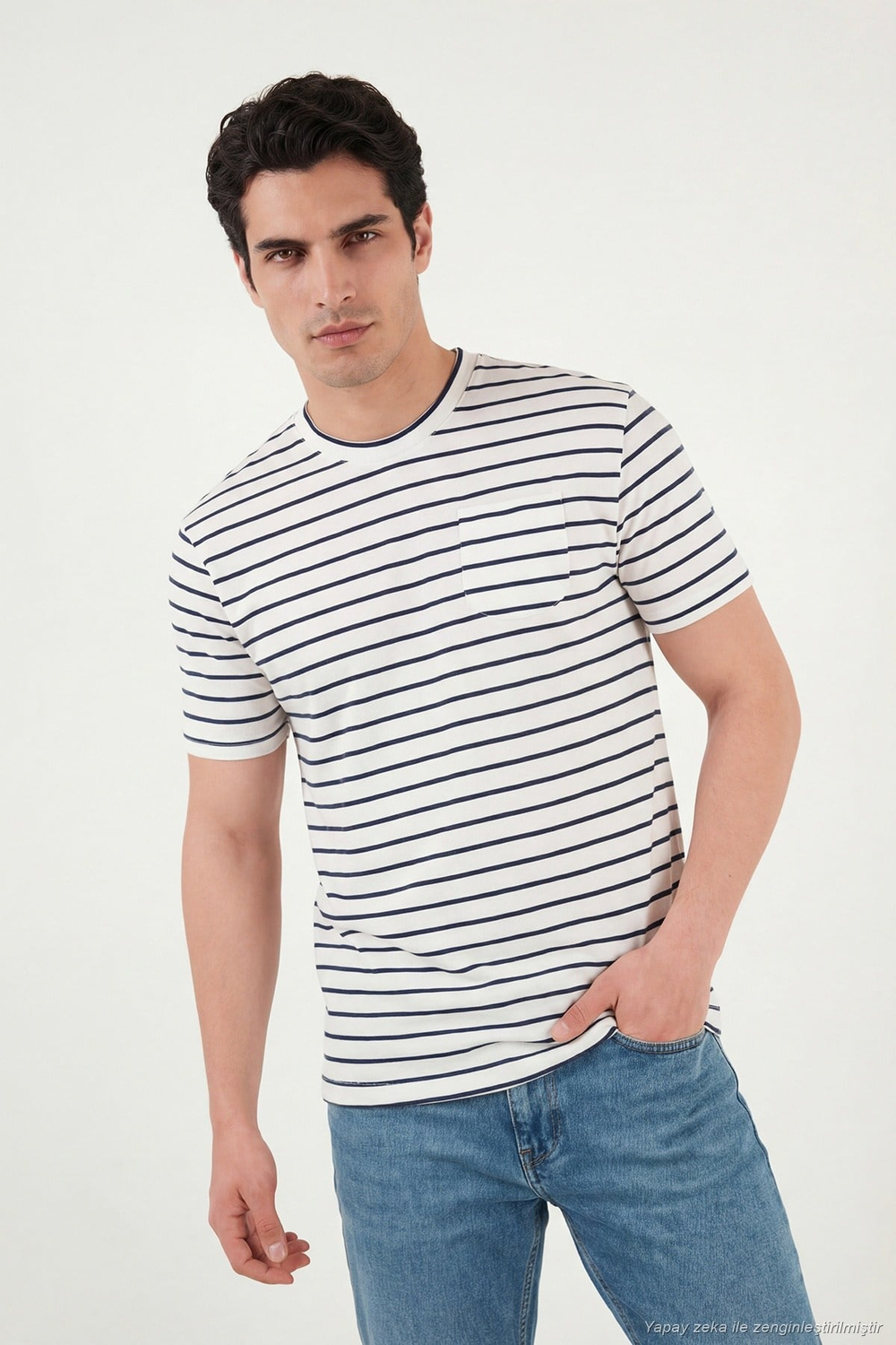 Pamuklu Çizgili Cep Detaylı Bisiklet Yaka Erkek T Shirt 5904057 İNDİGO