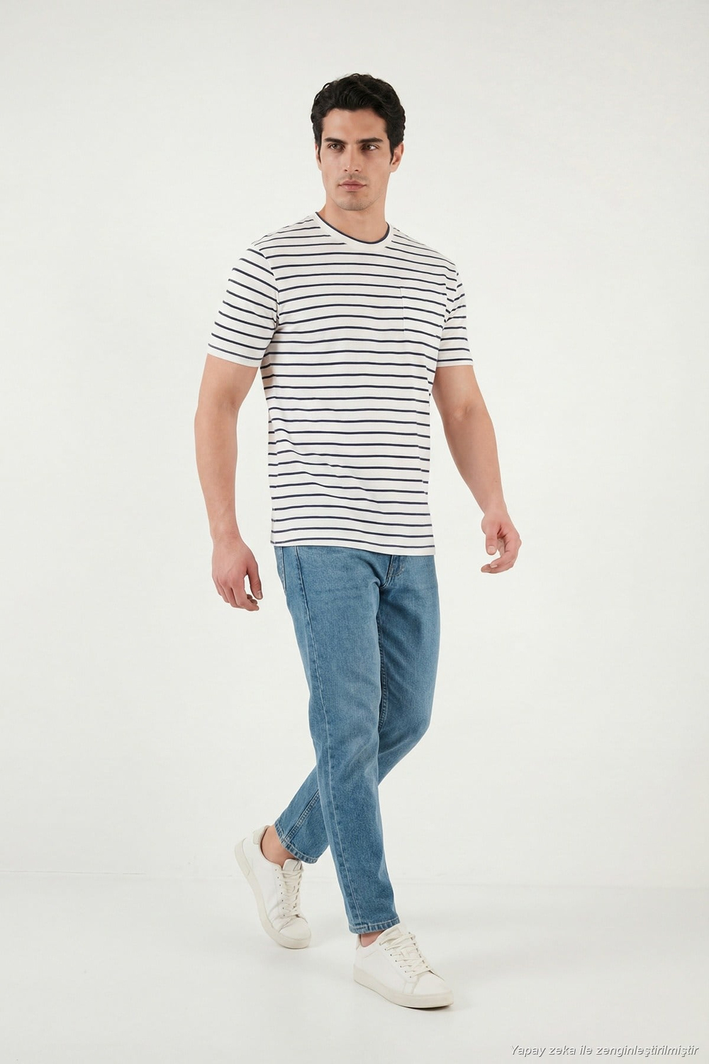 Pamuklu Çizgili Cep Detaylı Bisiklet Yaka Erkek T Shirt 5904057 İNDİGO