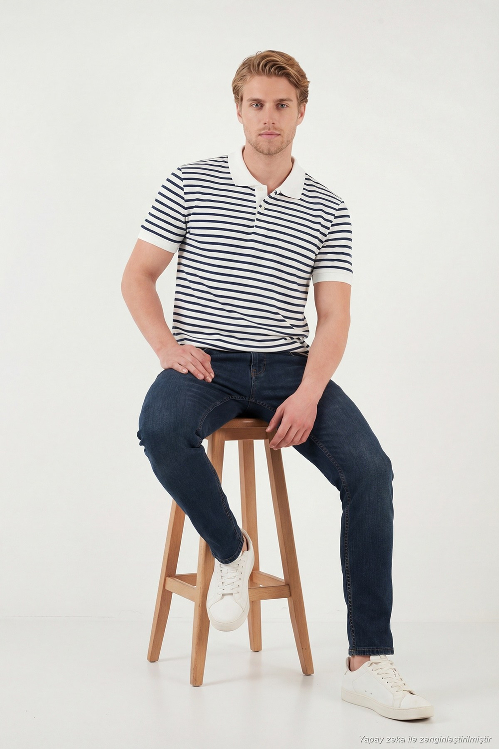 Pamuklu Çizgili Kısa Kollu Düğmeli Erkek Polo T Shirt 5904046 İNDİGO