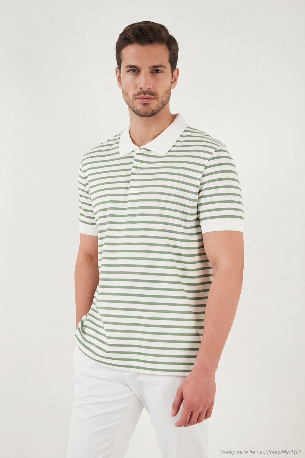 Pamuklu Çizgili Kısa Kollu Düğmeli Erkek Polo T Shirt 5904046 Elma