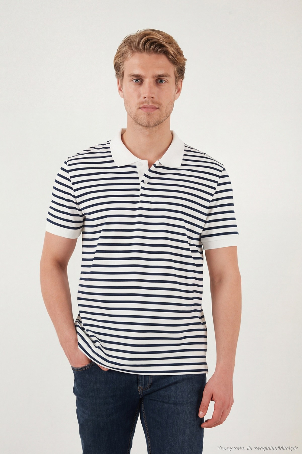 Pamuklu Çizgili Kısa Kollu Düğmeli Erkek Polo T Shirt 5904046 İNDİGO