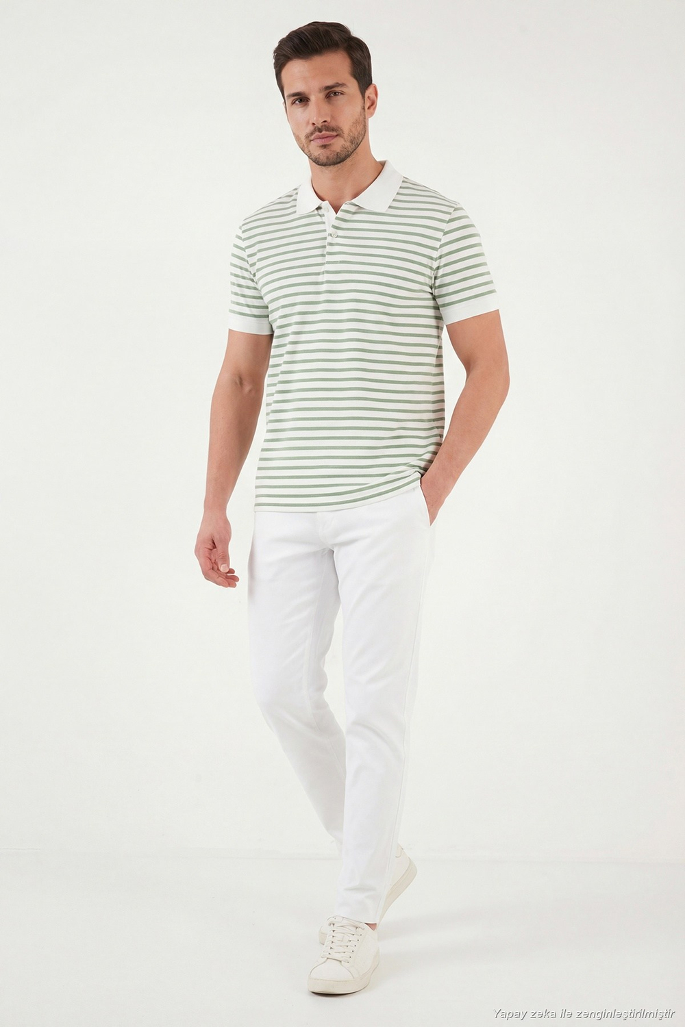 Pamuklu Çizgili Kısa Kollu Düğmeli Erkek Polo T Shirt 5904046 Elma