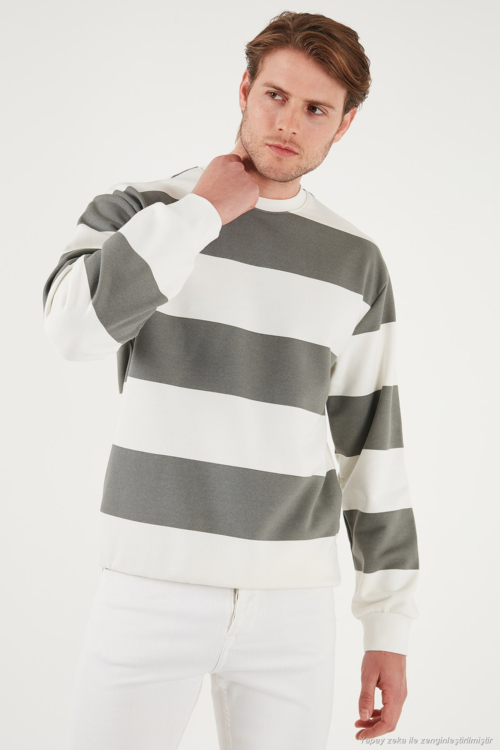 Pamuklu Çizgili Regular Fit Bisiklet Yaka Erkek Sweat 5905790 AÇIK HAKİ