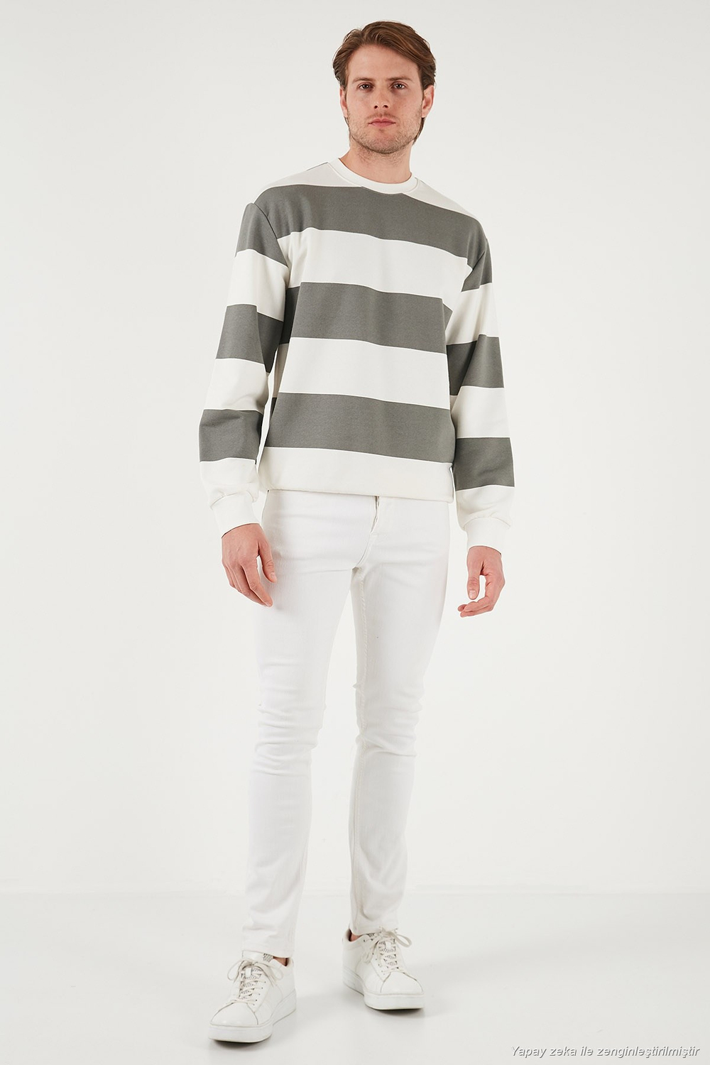 Pamuklu Çizgili Regular Fit Bisiklet Yaka Erkek Sweat 5905790 AÇIK HAKİ