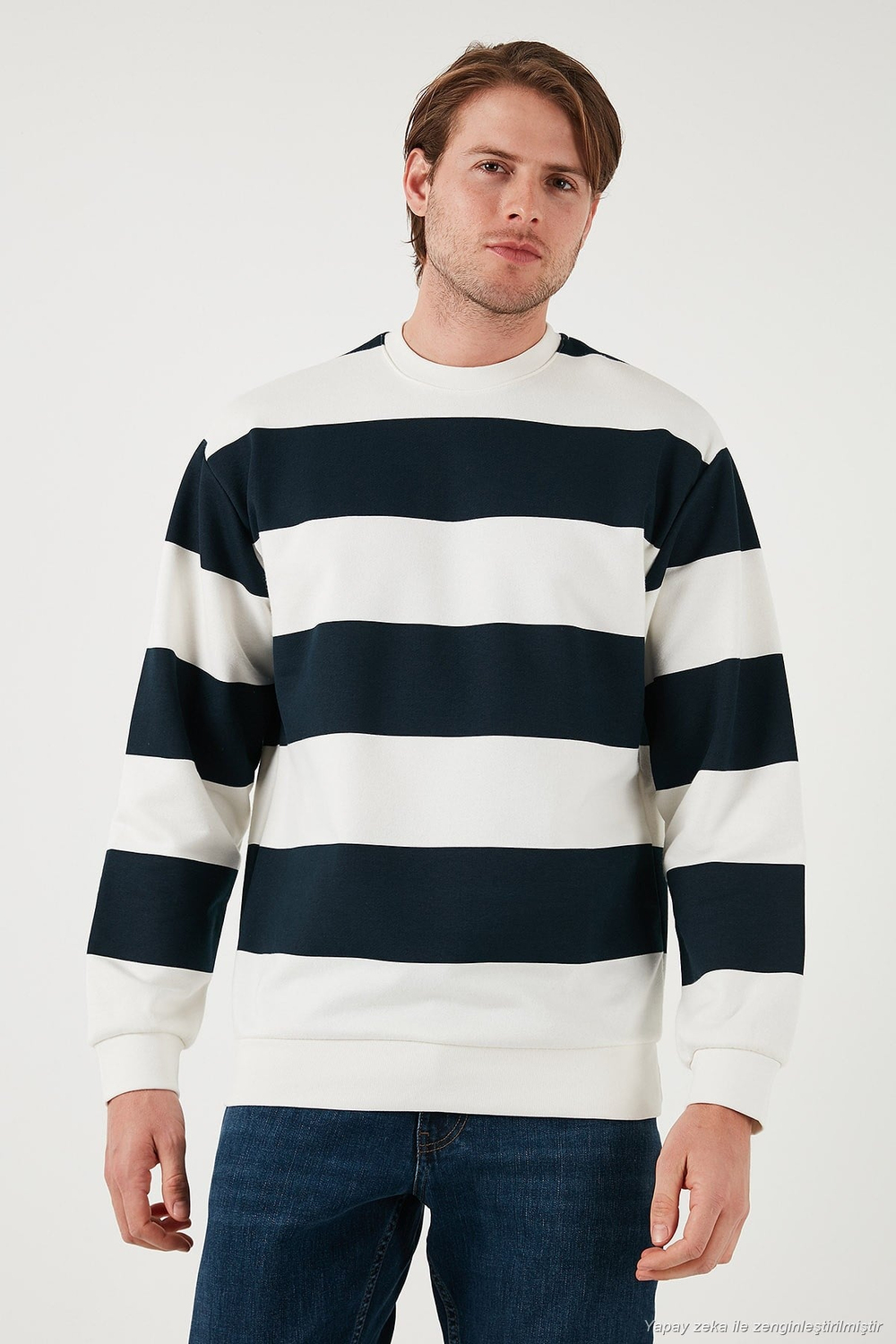 Pamuklu Çizgili Regular Fit Bisiklet Yaka Erkek Sweat 5905790 LACİVERT